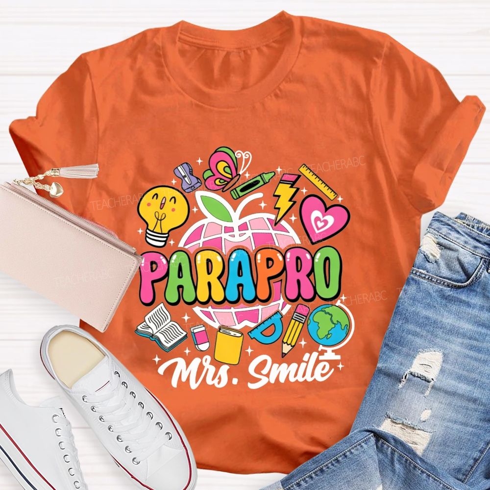 Personalized Name Parapro Bright Doodle School Supply Apple Teacher T-shirt