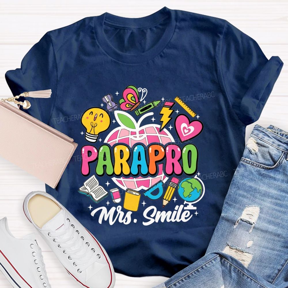 Personalized Name Parapro Bright Doodle School Supply Apple Teacher T-shirt