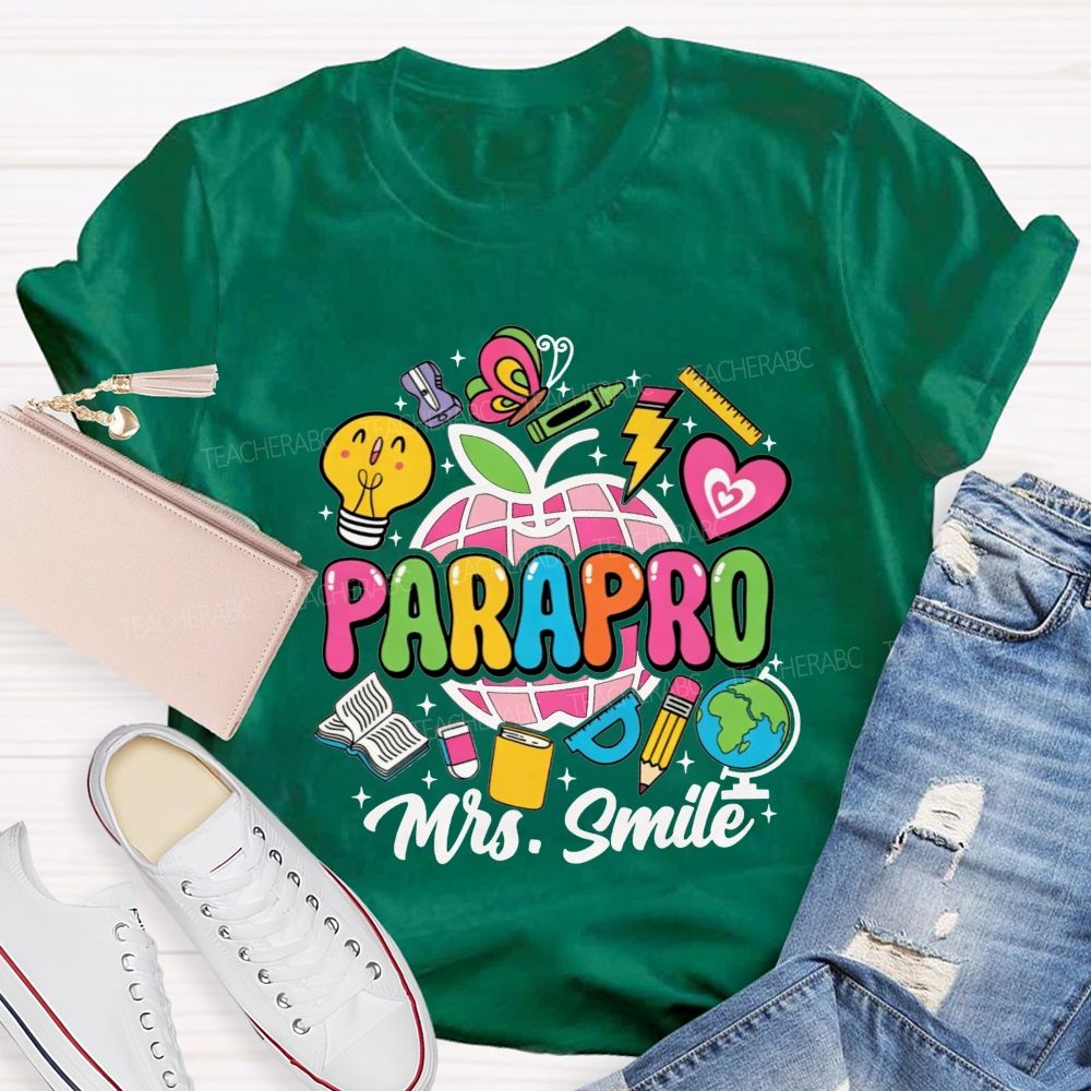 Personalized Name Parapro Bright Doodle School Supply Apple Teacher T-shirt