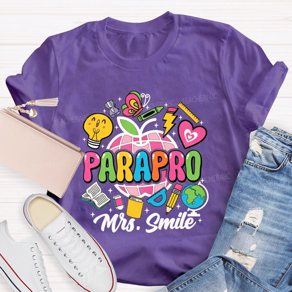 Personalized Name Parapro Bright Doodle School Supply Apple Teacher T-shirt