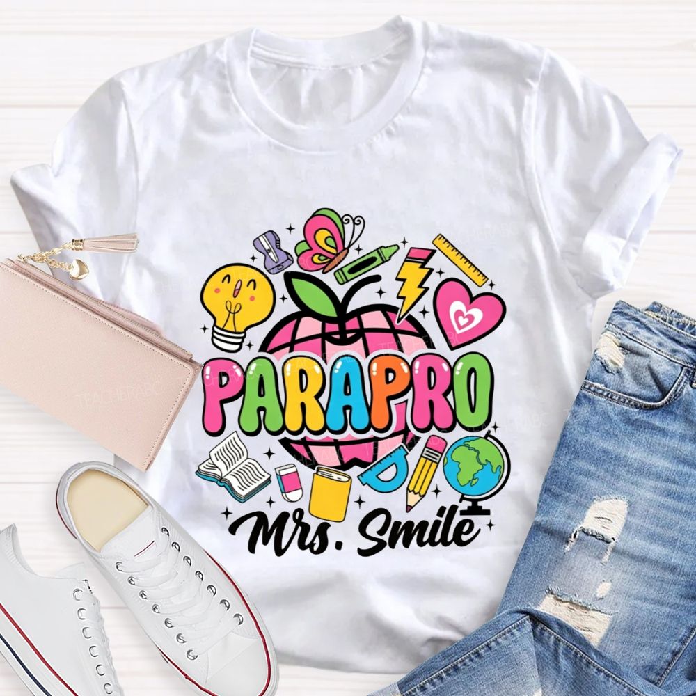 Personalized Name Parapro Bright Doodle School Supply Apple Teacher T-shirt