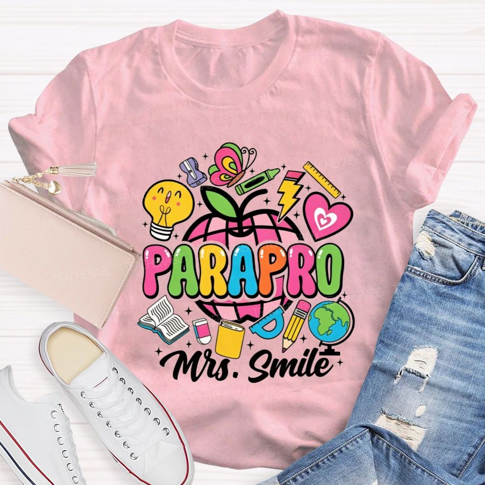 Personalized Name Parapro Bright Doodle School Supply Apple Teacher T-shirt
