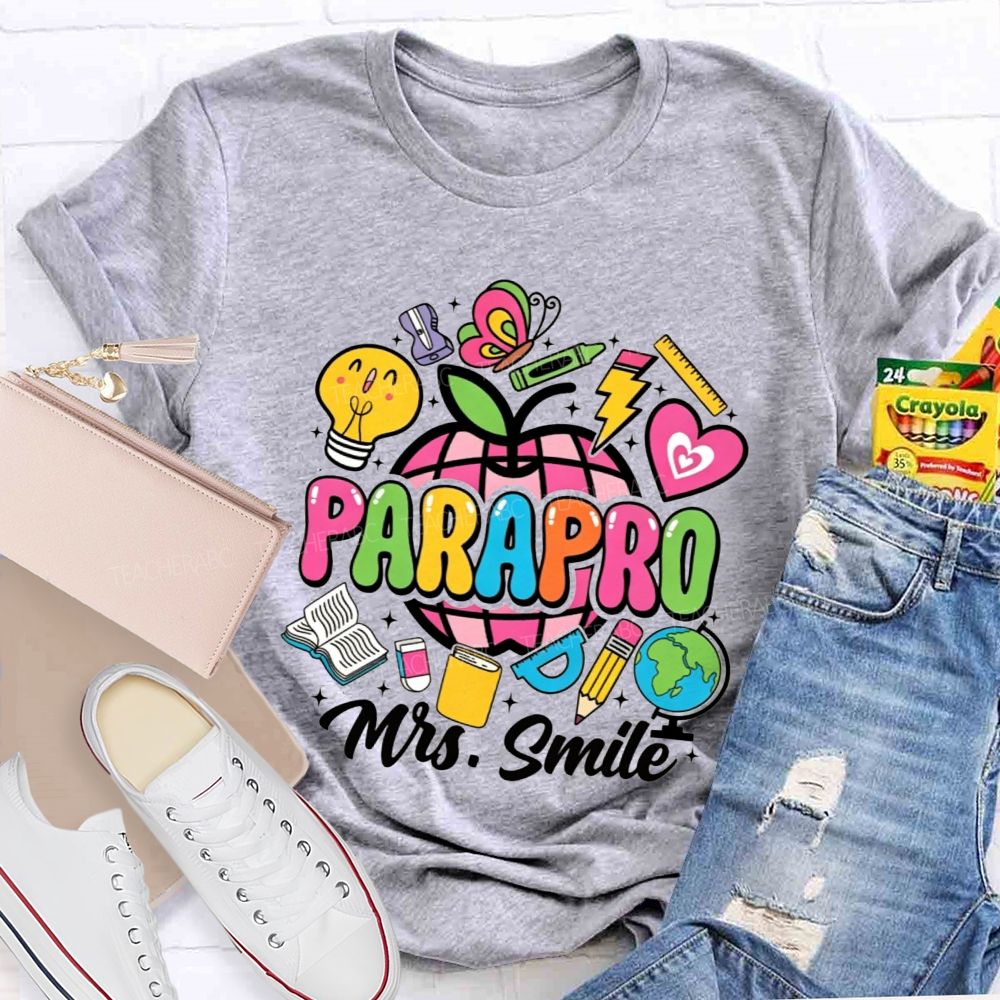 Personalized Name Parapro Bright Doodle School Supply Apple Teacher T-shirt