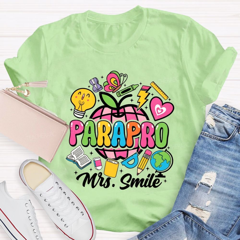 Personalized Name Parapro Bright Doodle School Supply Apple Teacher T-shirt