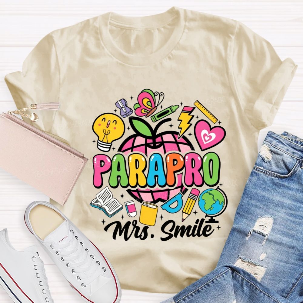 Personalized Name Parapro Bright Doodle School Supply Apple Teacher T-shirt