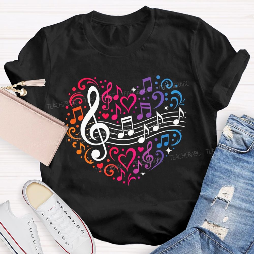 Rainbow Gradient Music Note Treble Clef Heart Graphic Music Teacher T-shirt