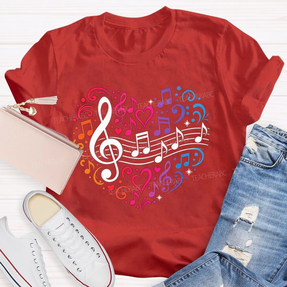 Rainbow Gradient Music Note Treble Clef Heart Graphic Music Teacher T-shirt