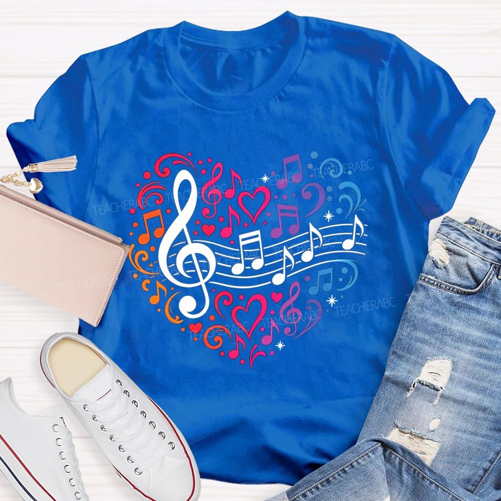 Rainbow Gradient Music Note Treble Clef Heart Graphic Music Teacher T-shirt