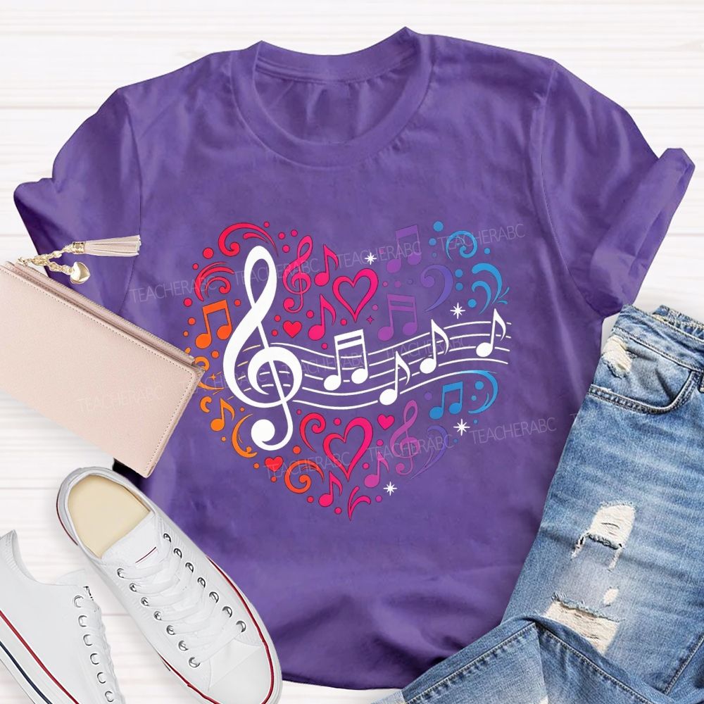 Rainbow Gradient Music Note Treble Clef Heart Graphic Music Teacher T-shirt