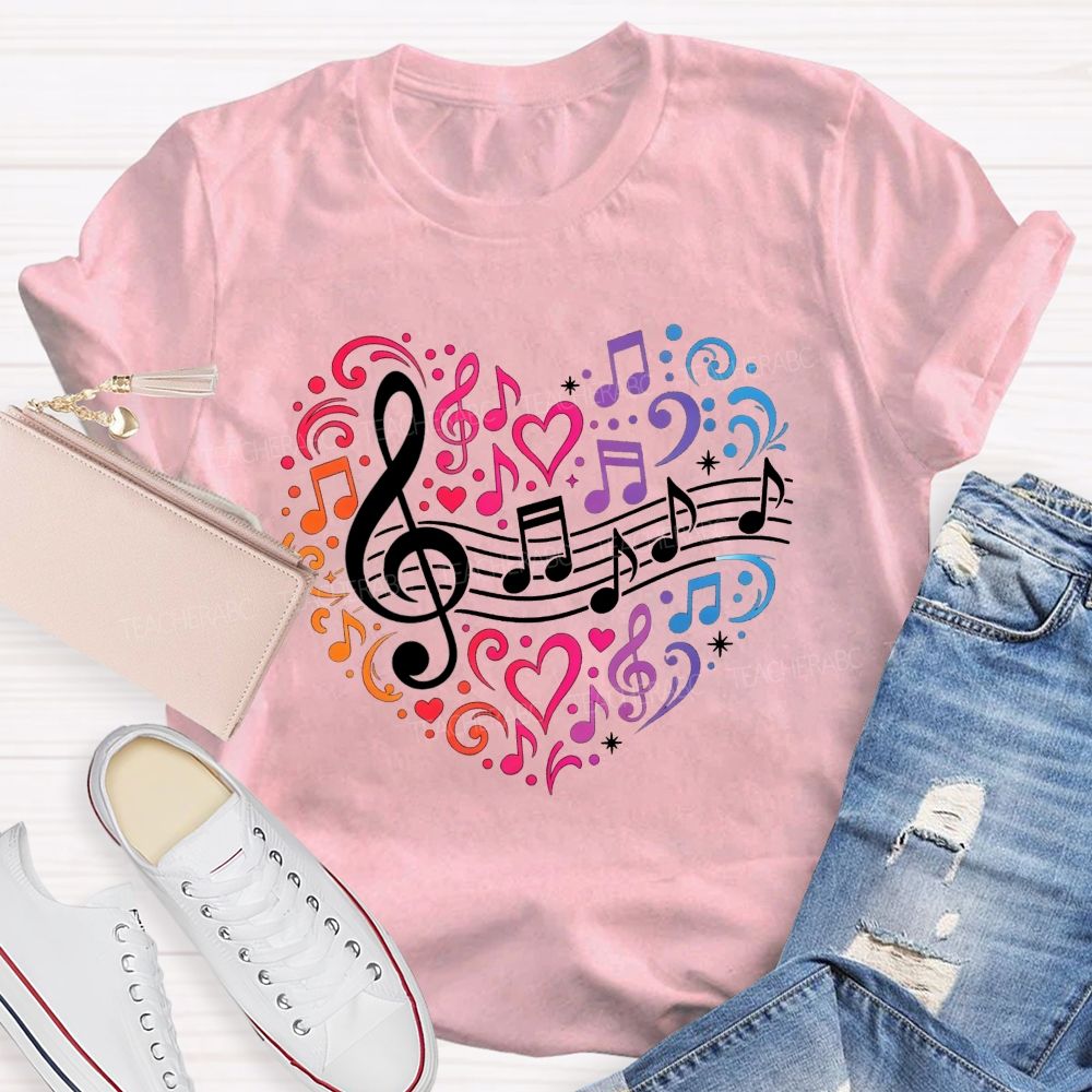 Rainbow Gradient Music Note Treble Clef Heart Graphic Music Teacher T-shirt