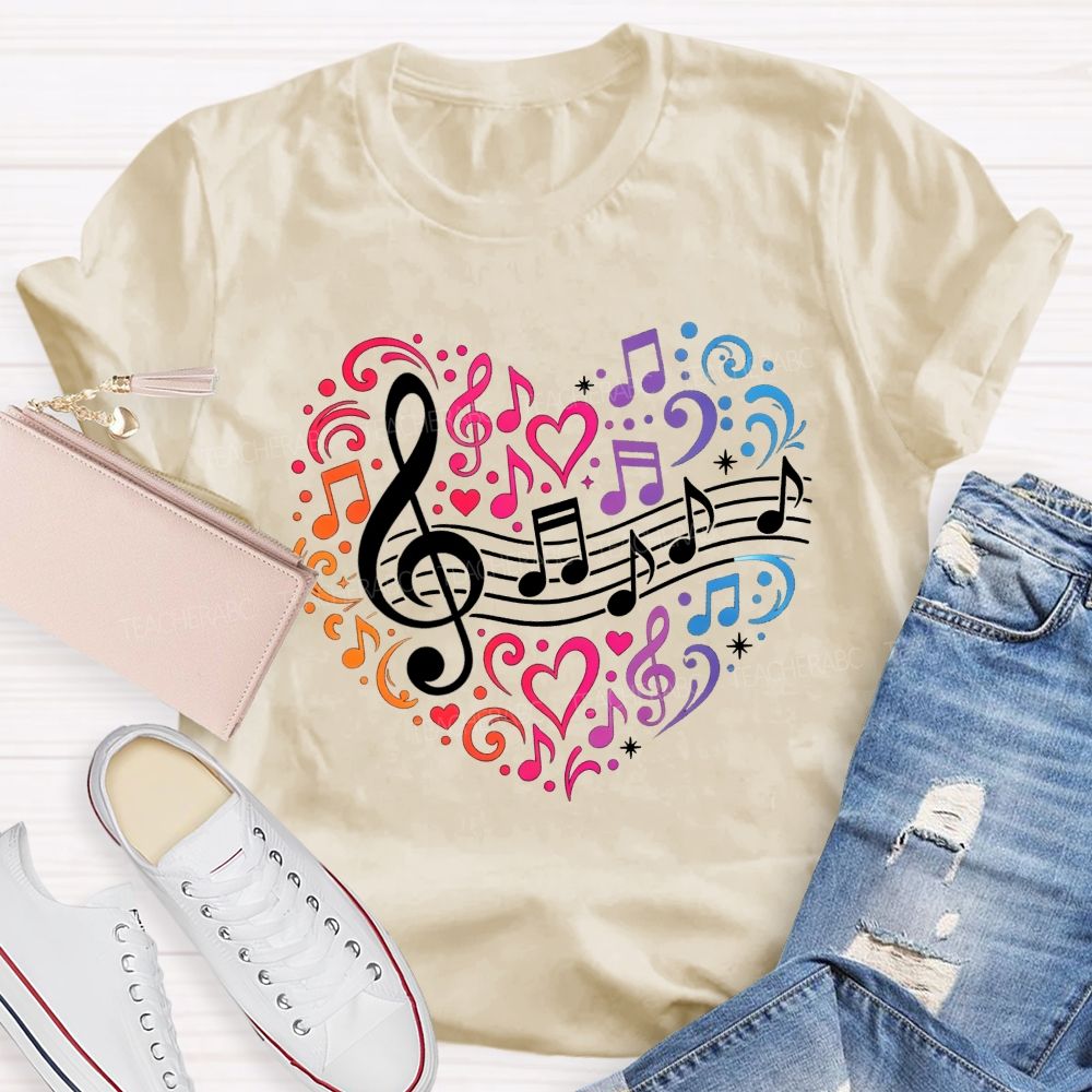 Rainbow Gradient Music Note Treble Clef Heart Graphic Music Teacher T-shirt