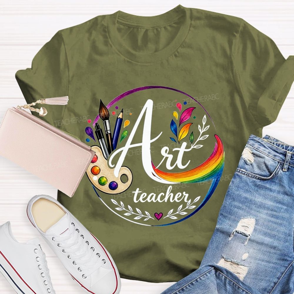 Art Teacher Rainbow Paint Palette Brush Pencil Teacher T-shirt