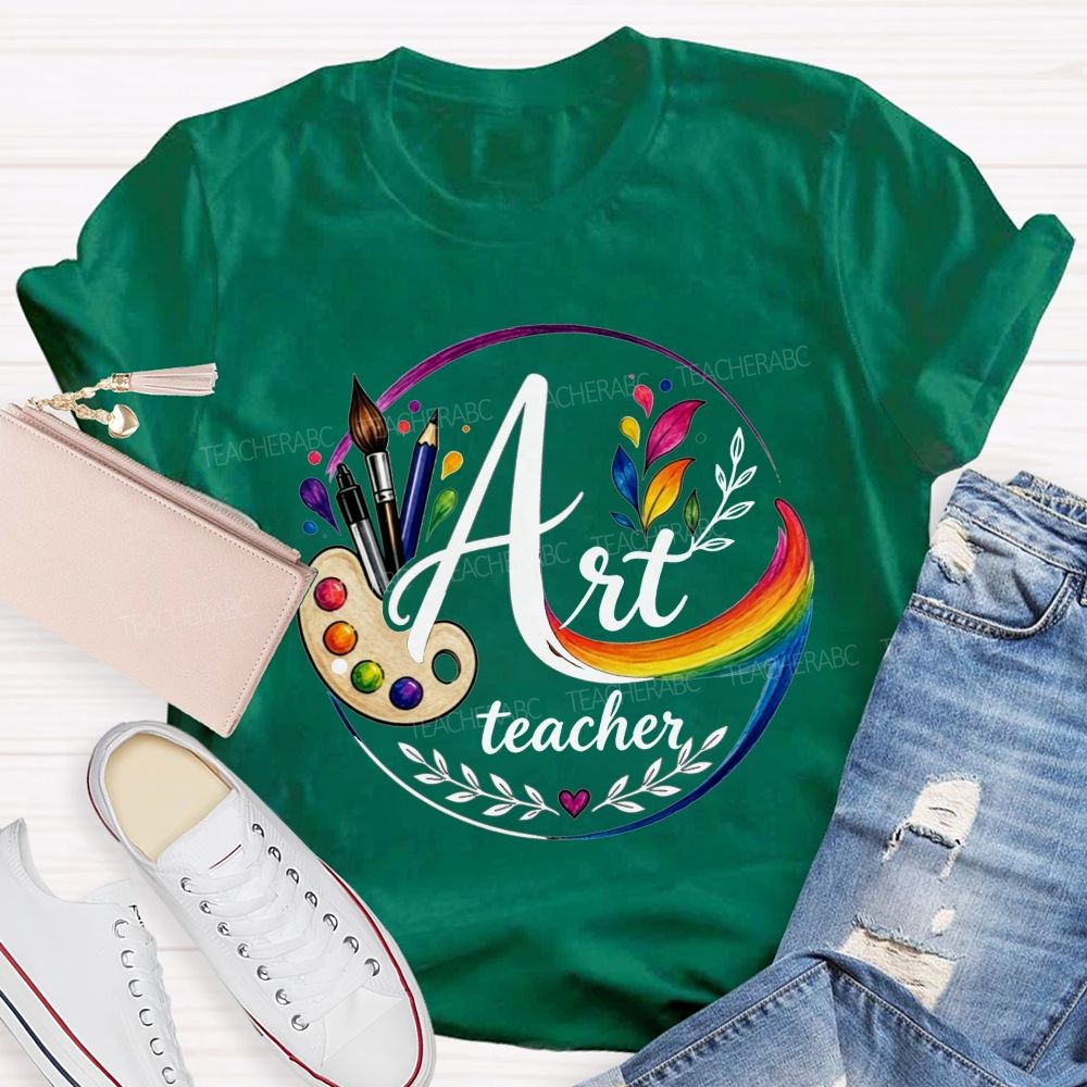 Art Teacher Rainbow Paint Palette Brush Pencil Teacher T-shirt