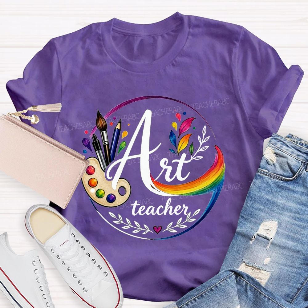 Art Teacher Rainbow Paint Palette Brush Pencil Teacher T-shirt