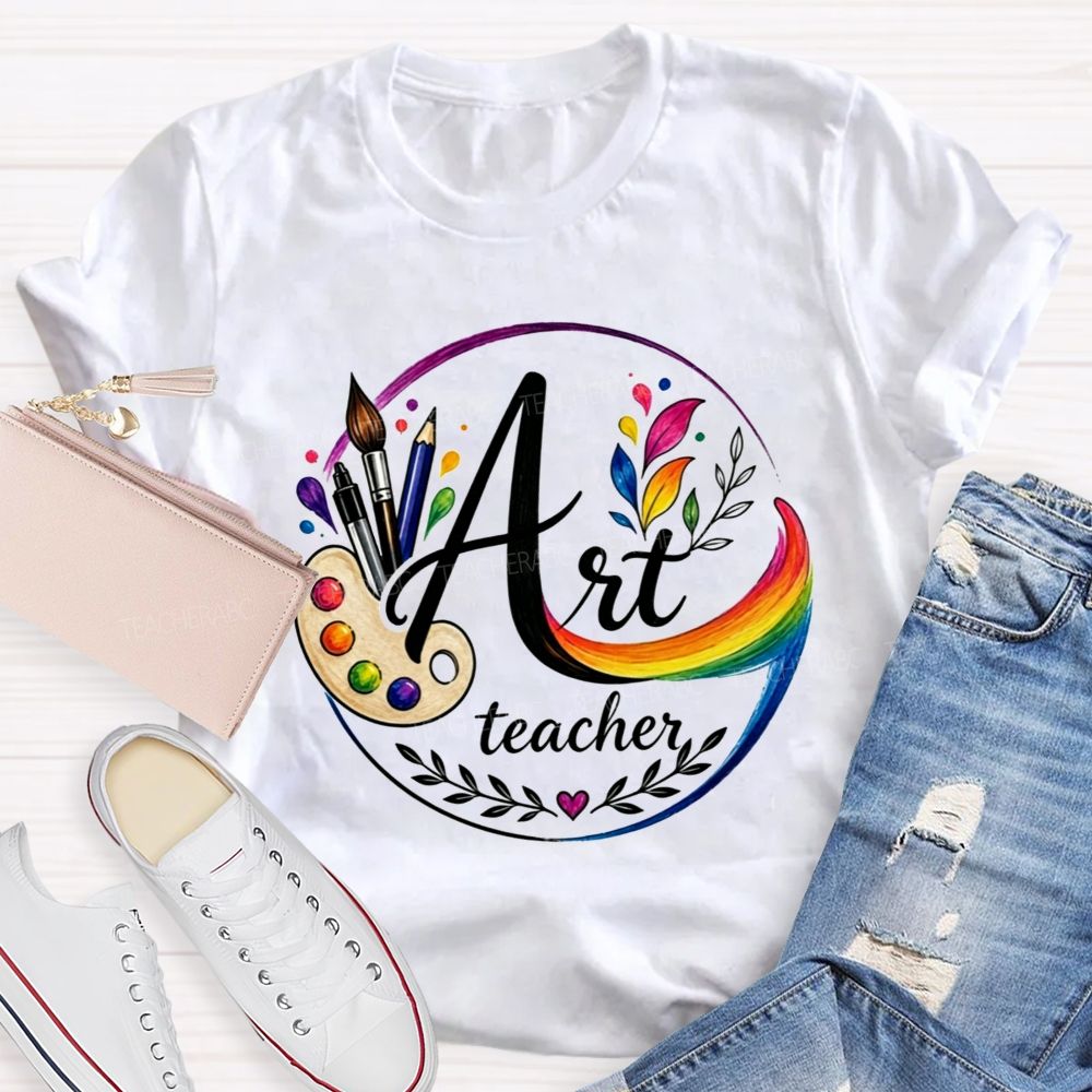 Art Teacher Rainbow Paint Palette Brush Pencil Teacher T-shirt