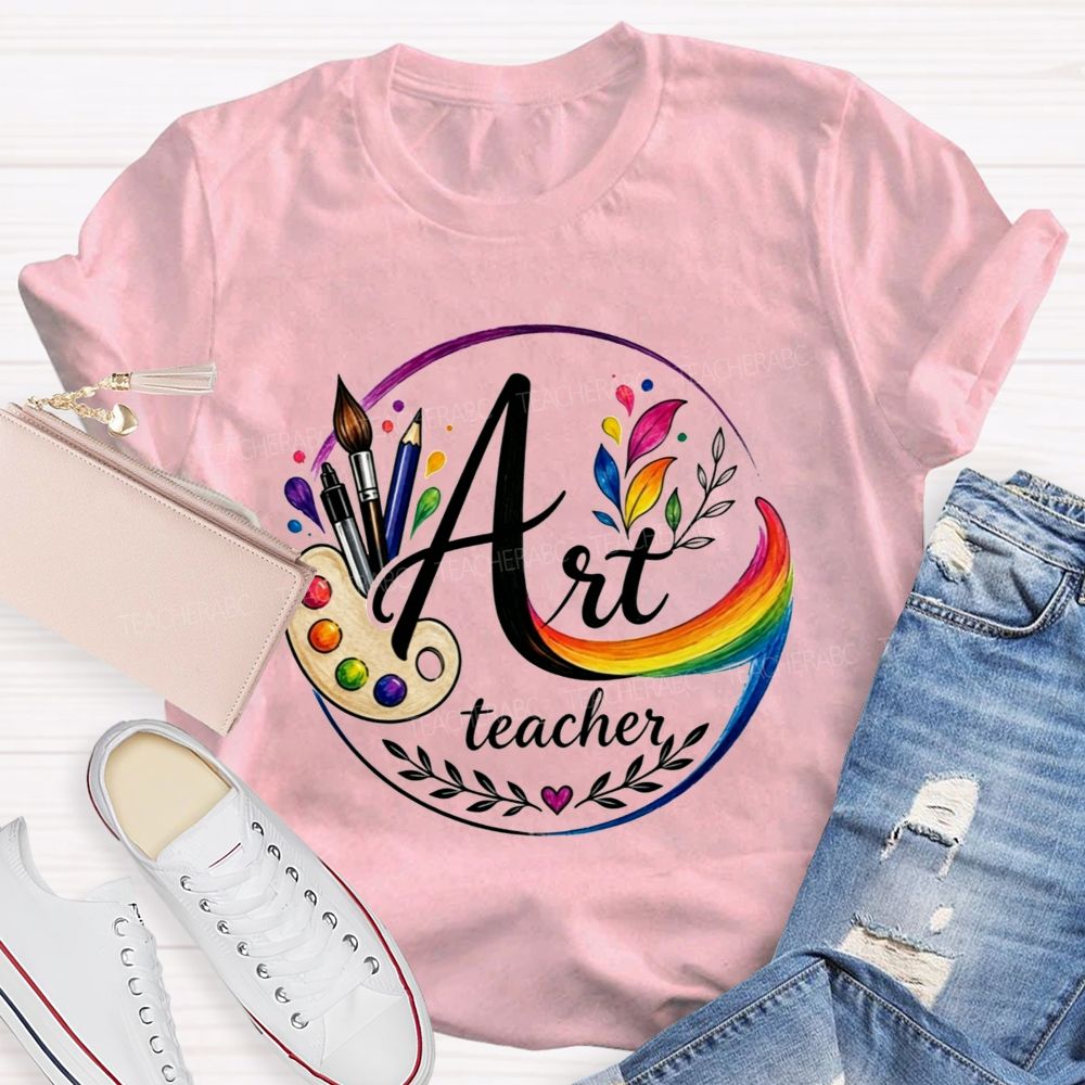 Art Teacher Rainbow Paint Palette Brush Pencil Teacher T-shirt
