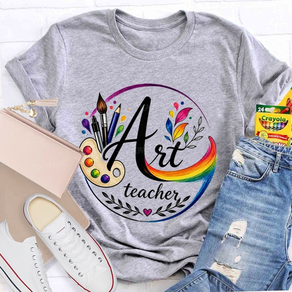 Art Teacher Rainbow Paint Palette Brush Pencil Teacher T-shirt