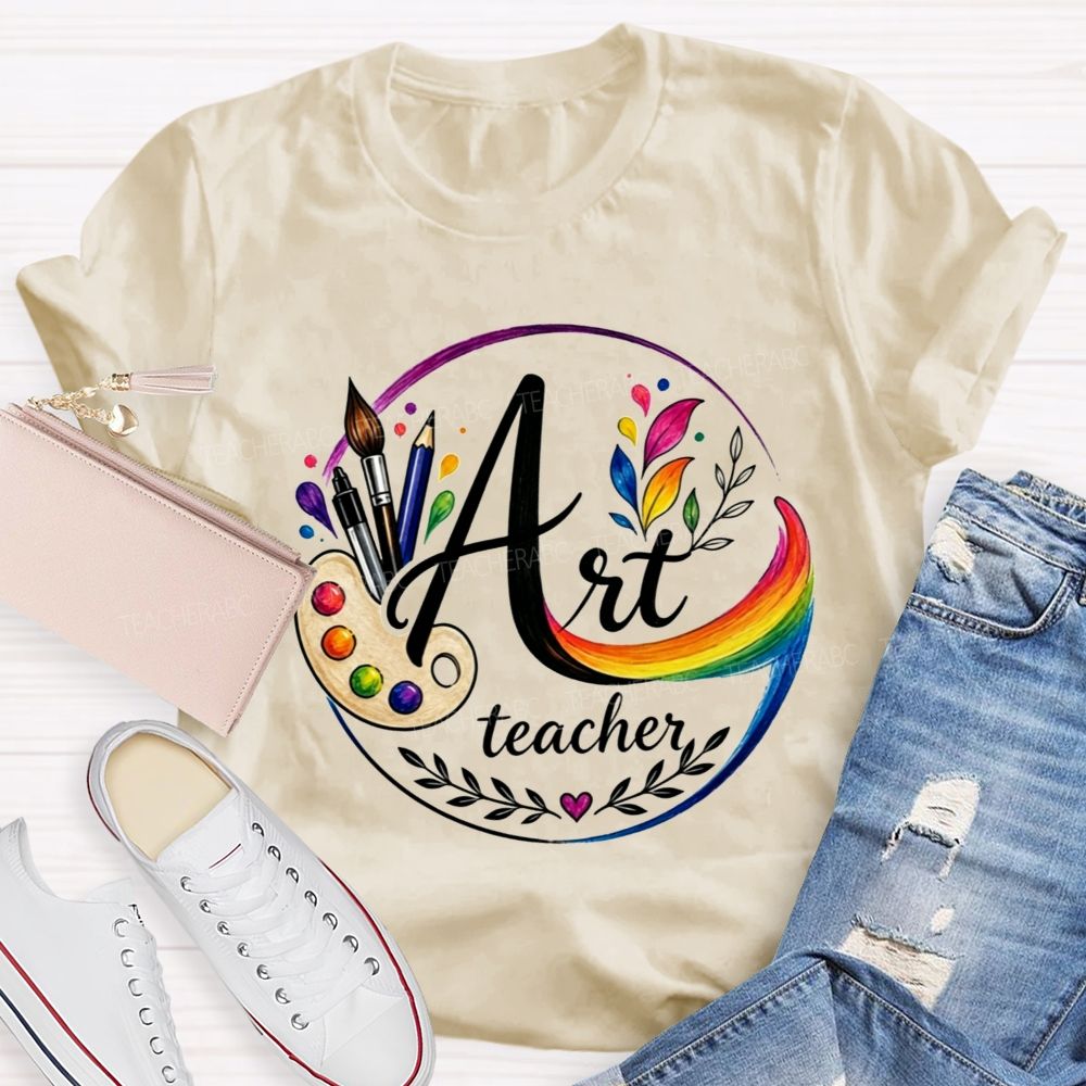 Art Teacher Rainbow Paint Palette Brush Pencil Teacher T-shirt