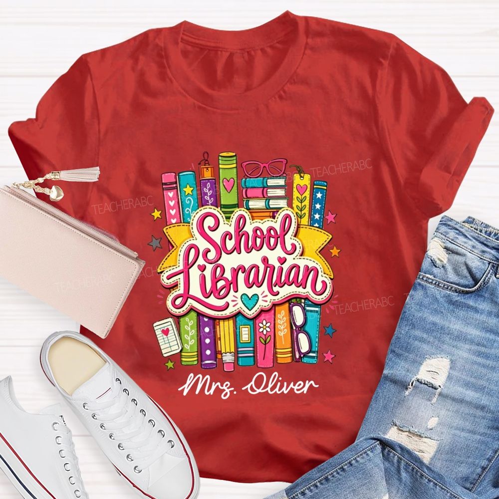 Personalized Name School Librarian Colorful Doodle Books Teacher T-shirt