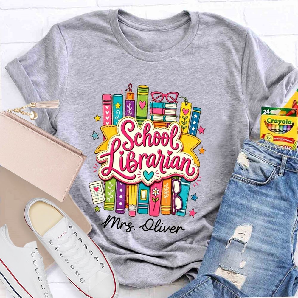 Personalized Name School Librarian Colorful Doodle Books Teacher T-shirt