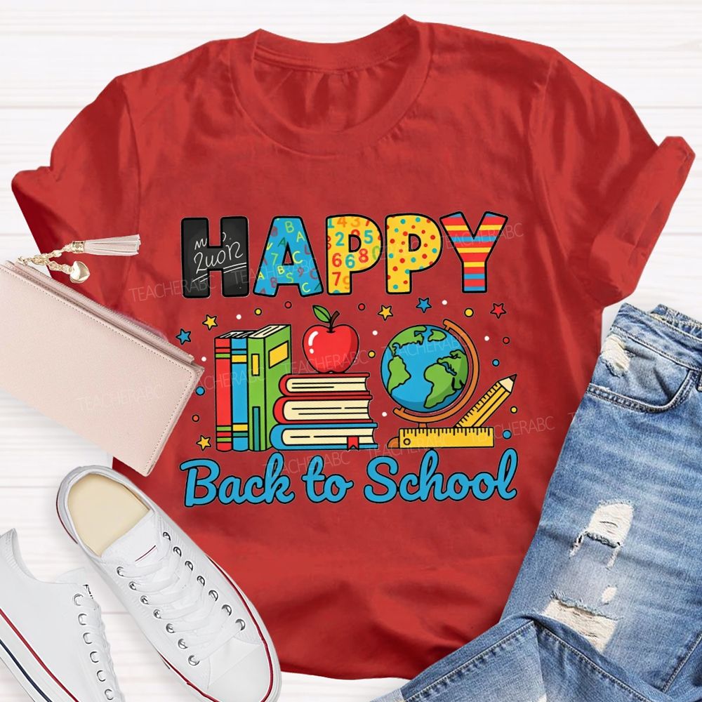 Happy Back To School Colorful Pattern Letter Book Apple Teacher T-shirt