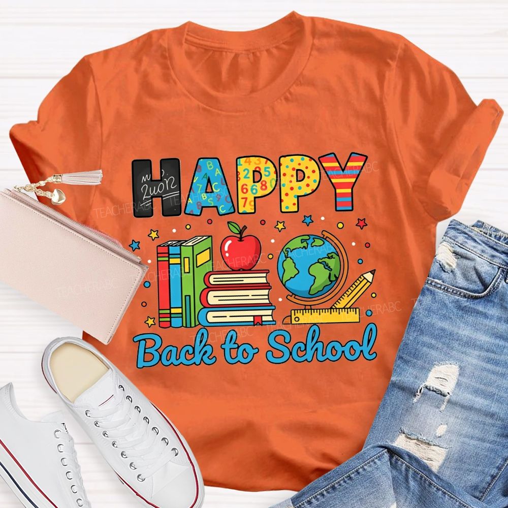 Happy Back To School Colorful Pattern Letter Book Apple Teacher T-shirt