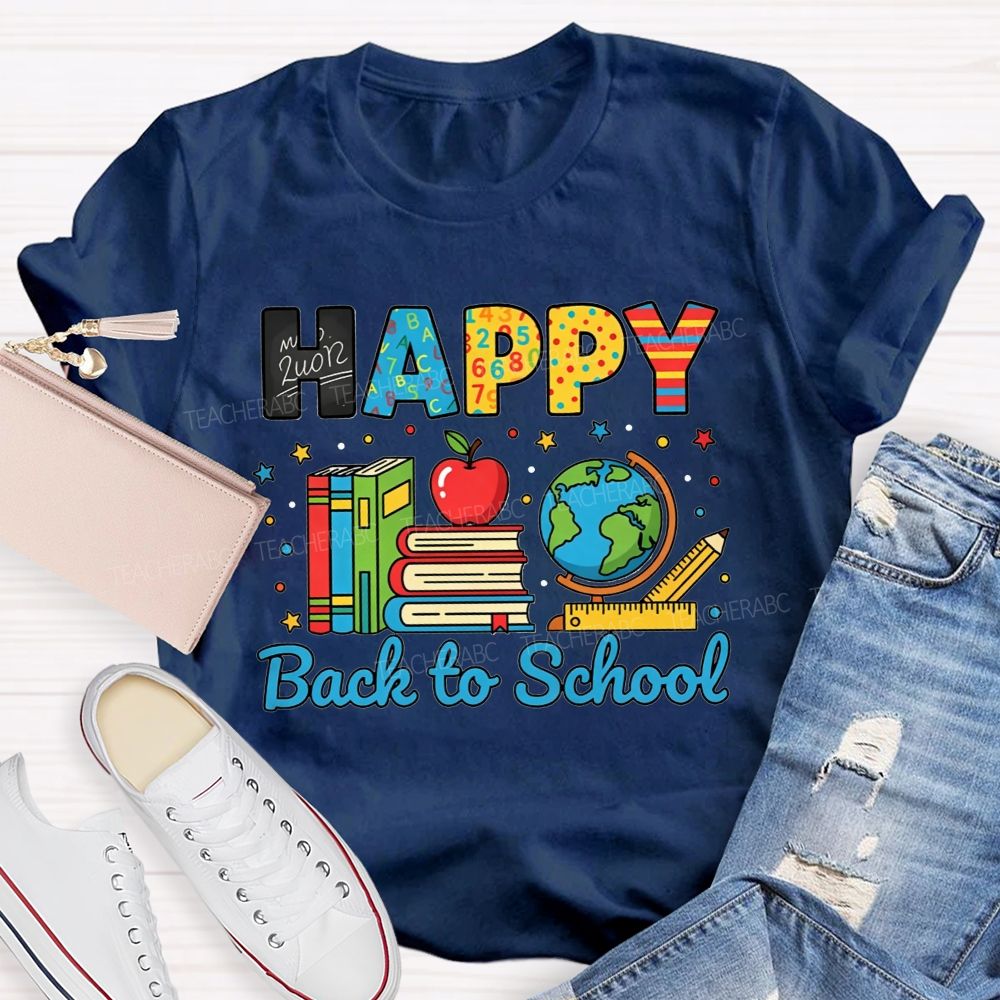 Happy Back To School Colorful Pattern Letter Book Apple Teacher T-shirt