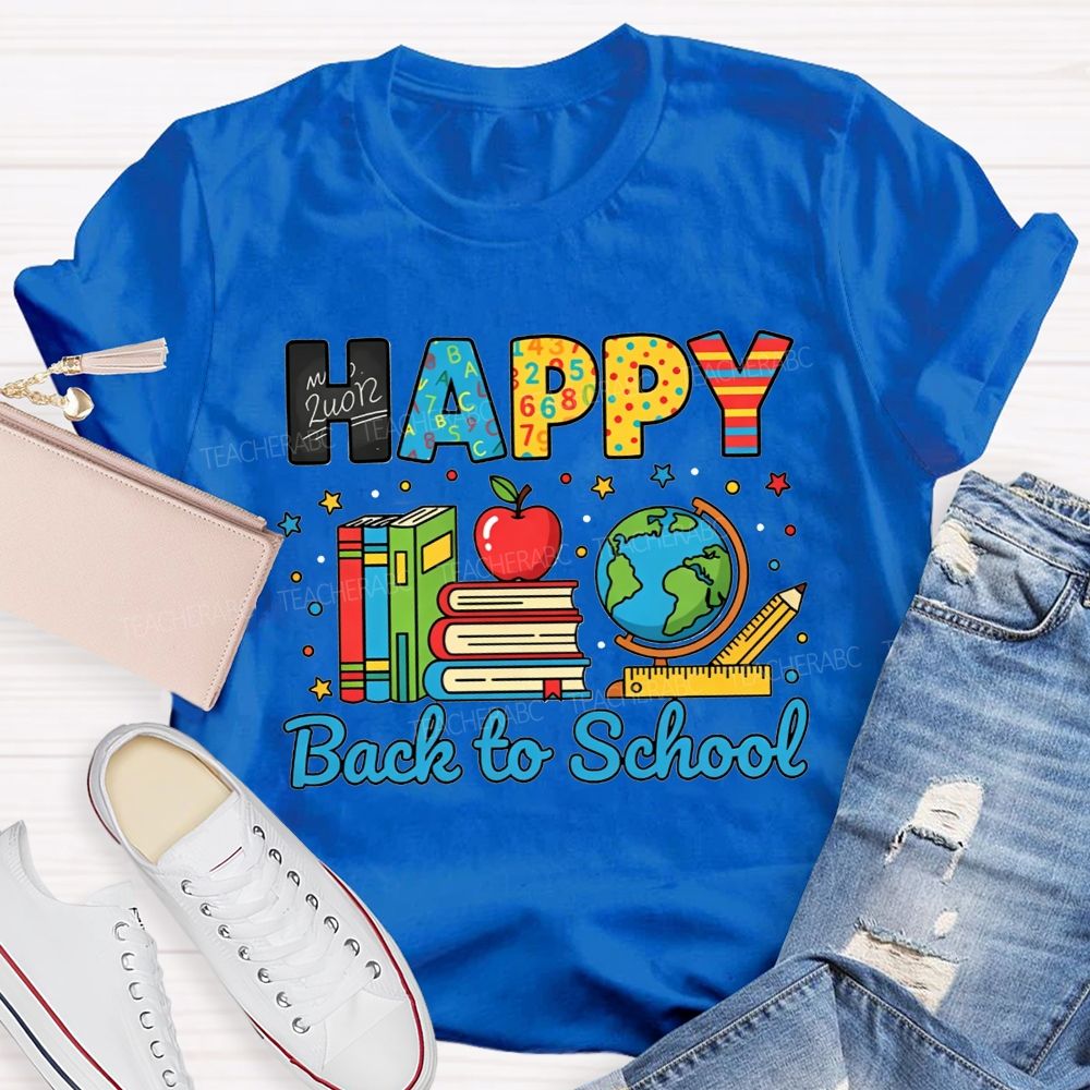 Happy Back To School Colorful Pattern Letter Book Apple Teacher T-shirt