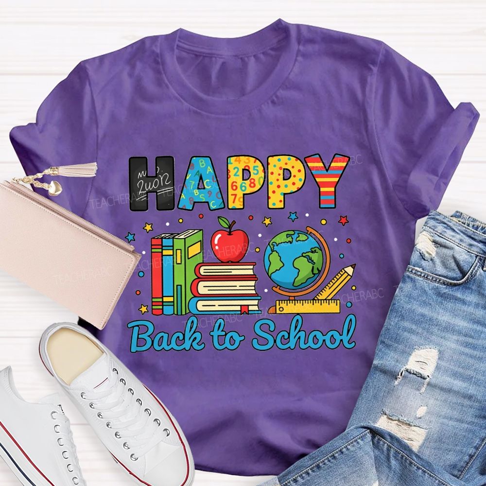 Happy Back To School Colorful Pattern Letter Book Apple Teacher T-shirt
