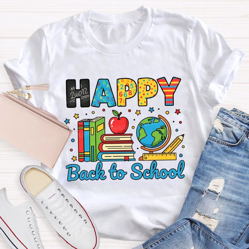 Happy Back To School Colorful Pattern Letter Book Apple Teacher T-shirt