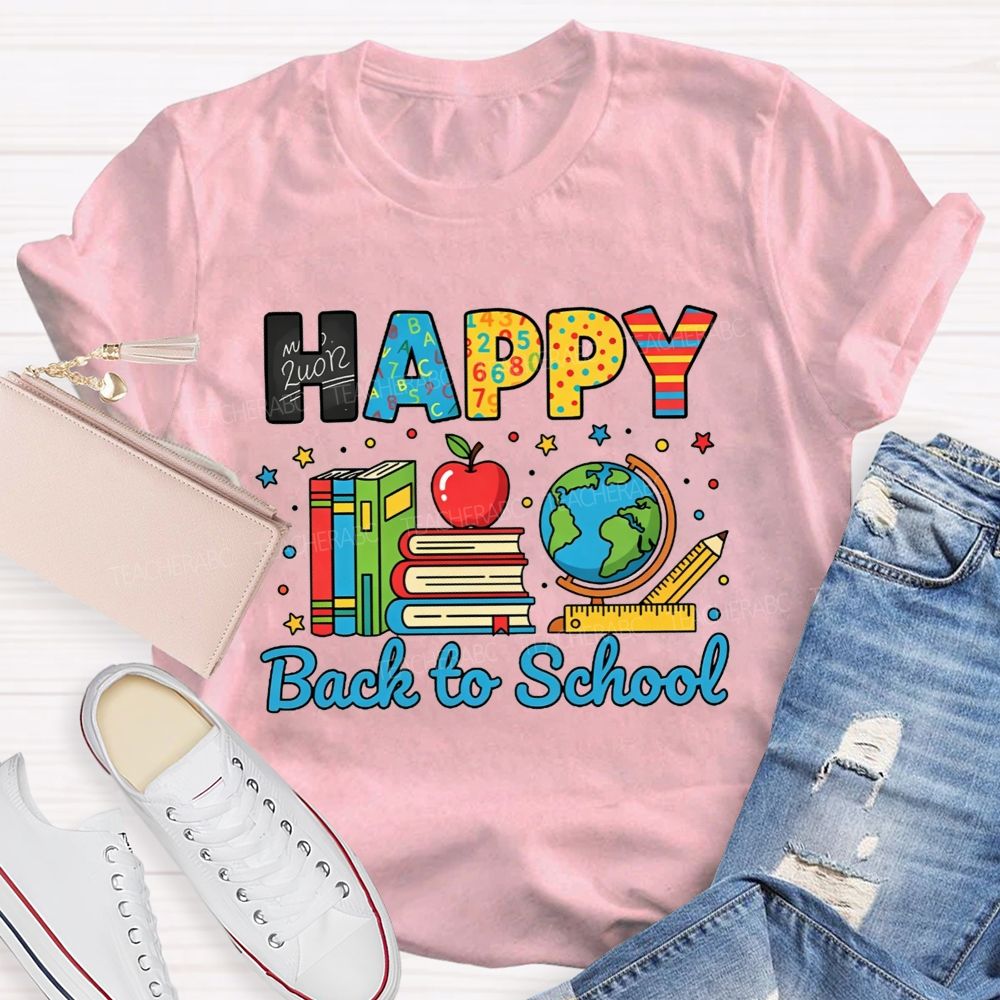 Happy Back To School Colorful Pattern Letter Book Apple Teacher T-shirt