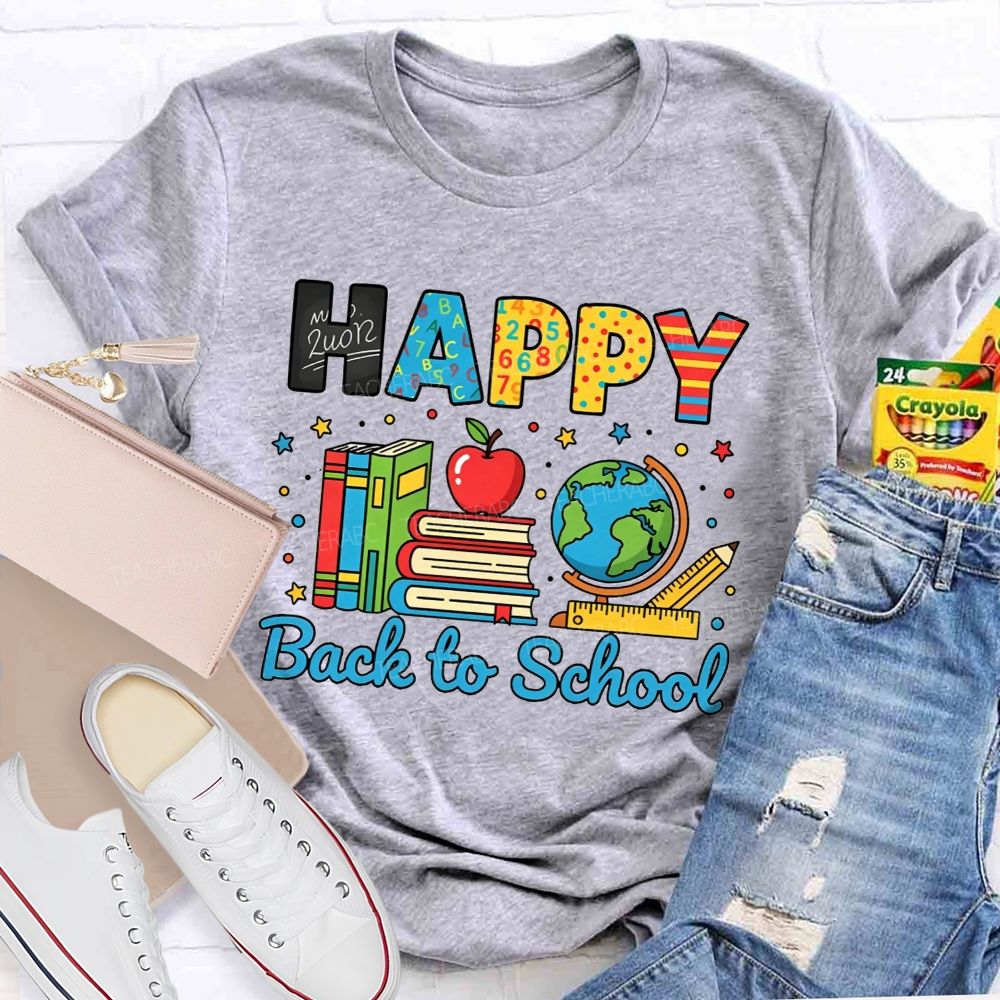 Happy Back To School Colorful Pattern Letter Book Apple Teacher T-shirt