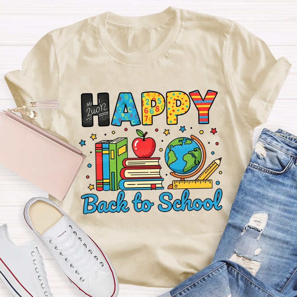 Happy Back To School Colorful Pattern Letter Book Apple Teacher T-shirt