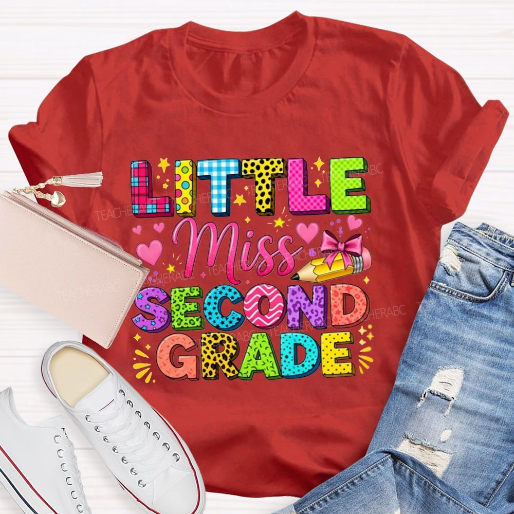 Personalized Grade Little Miss Second Grade Colorful Pattern Letter Heart Bow Pencil Teacher T-shirt