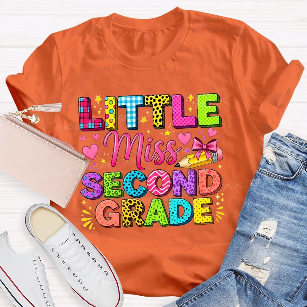 Personalized Grade Little Miss Second Grade Colorful Pattern Letter Heart Bow Pencil Teacher T-shirt