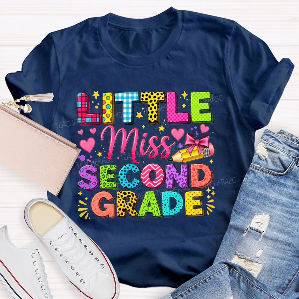Personalized Grade Little Miss Second Grade Colorful Pattern Letter Heart Bow Pencil Teacher T-shirt