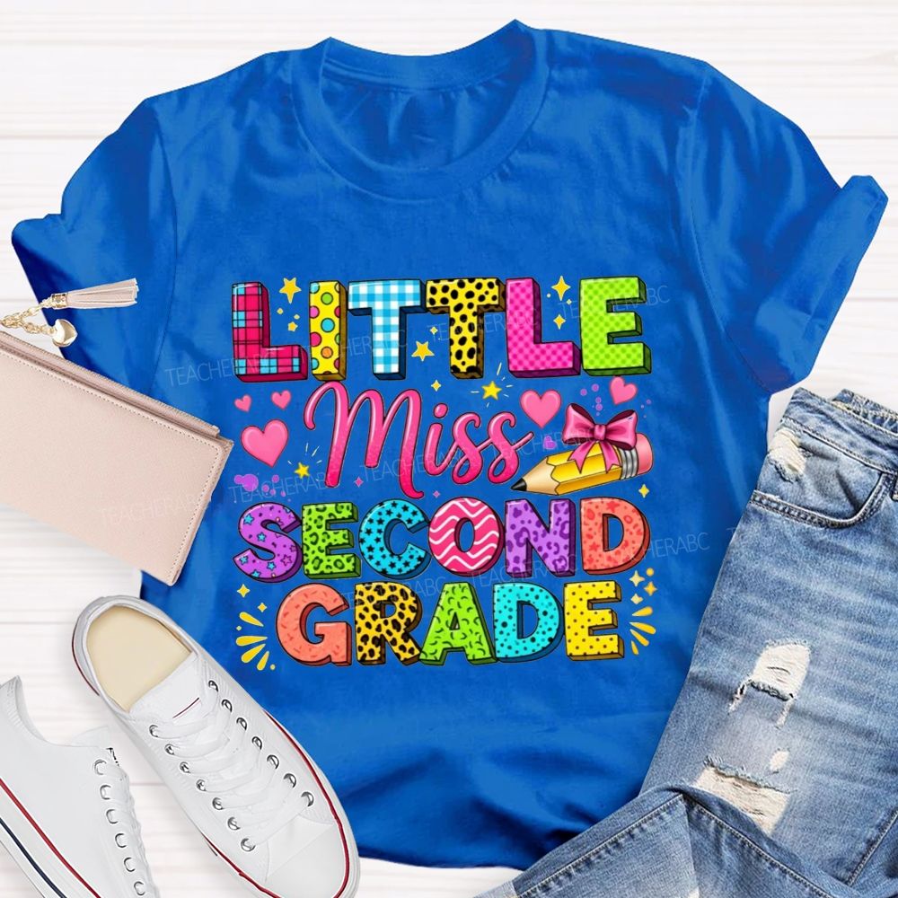 Personalized Grade Little Miss Second Grade Colorful Pattern Letter Heart Bow Pencil Teacher T-shirt