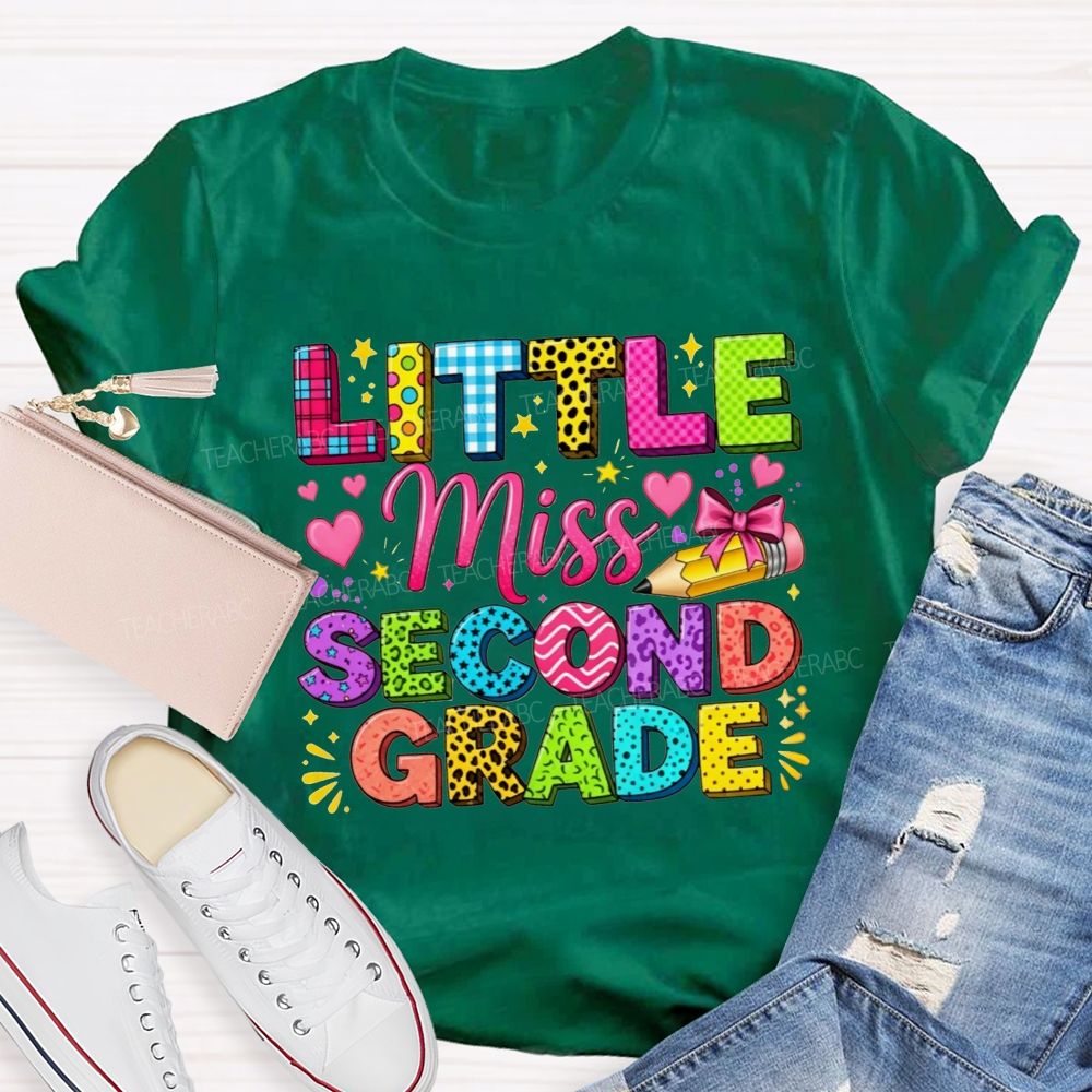 Personalized Grade Little Miss Second Grade Colorful Pattern Letter Heart Bow Pencil Teacher T-shirt