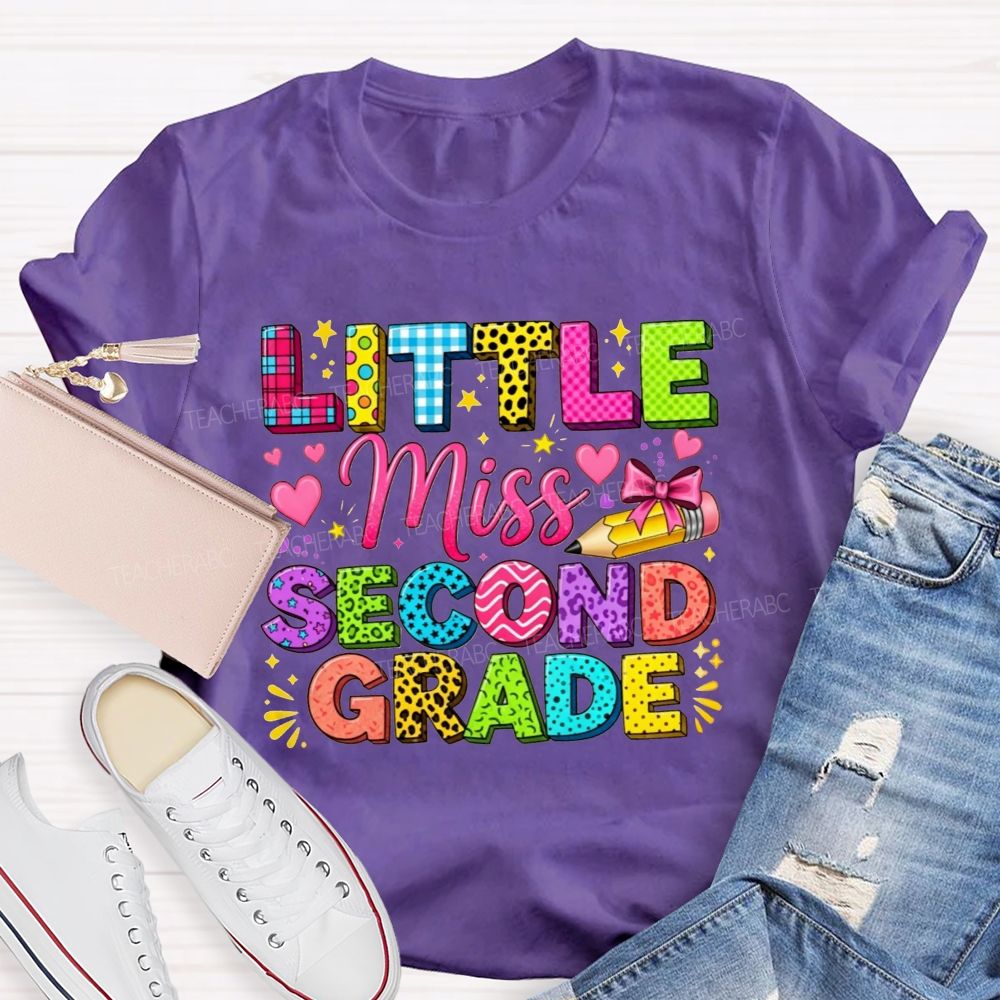Personalized Grade Little Miss Second Grade Colorful Pattern Letter Heart Bow Pencil Teacher T-shirt
