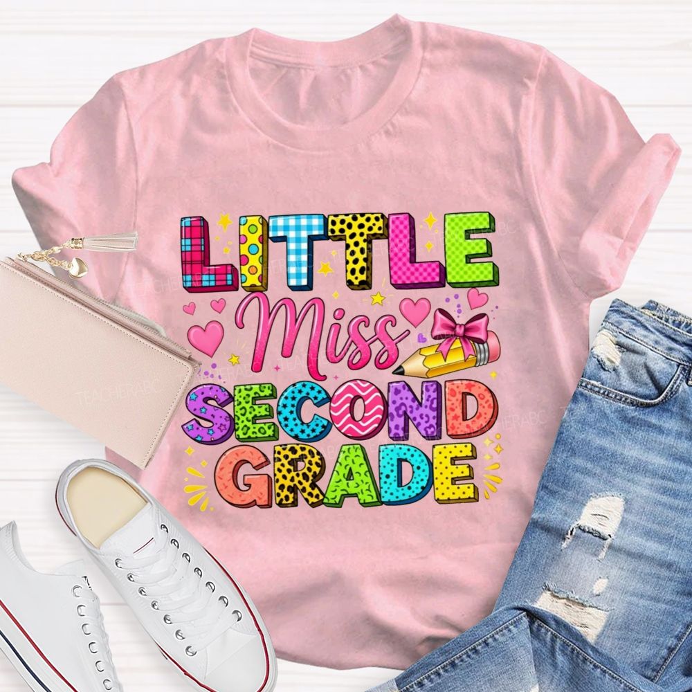 Personalized Grade Little Miss Second Grade Colorful Pattern Letter Heart Bow Pencil Teacher T-shirt
