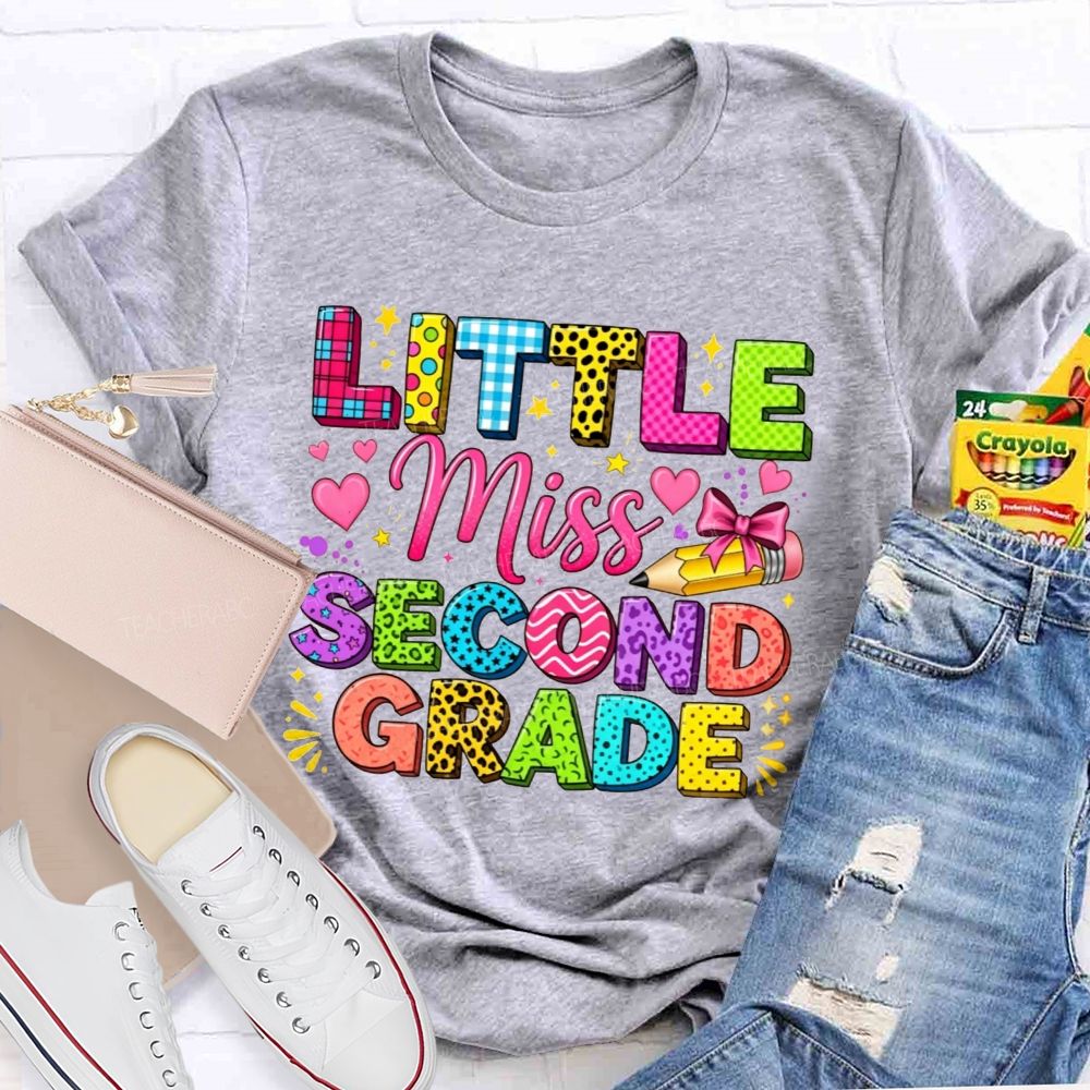 Personalized Grade Little Miss Second Grade Colorful Pattern Letter Heart Bow Pencil Teacher T-shirt