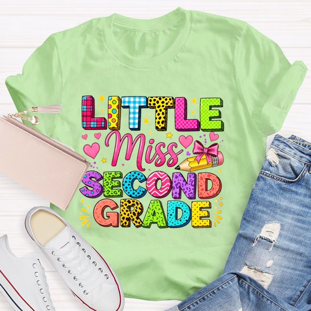 Personalized Grade Little Miss Second Grade Colorful Pattern Letter Heart Bow Pencil Teacher T-shirt