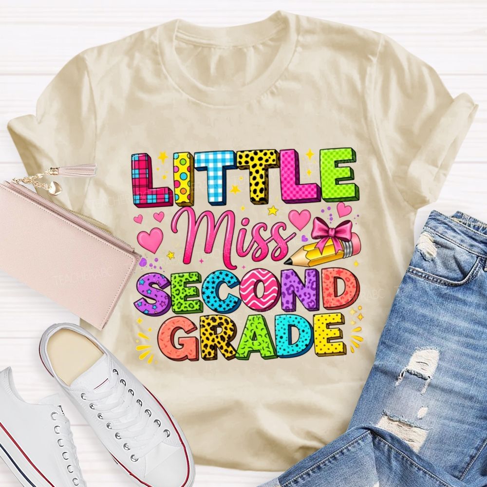 Personalized Grade Little Miss Second Grade Colorful Pattern Letter Heart Bow Pencil Teacher T-shirt