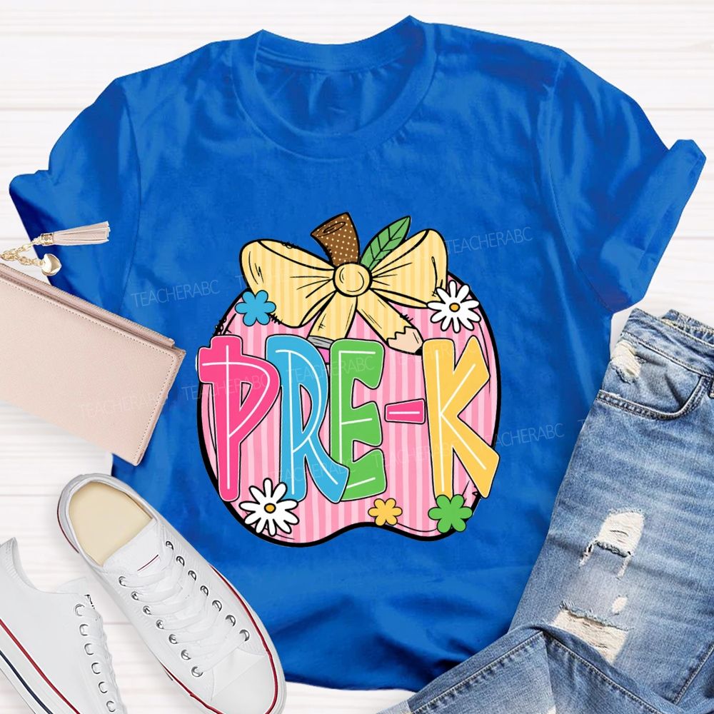 Personalized Grade Pink Stripe Apple Back To School Teacher T-Shirt