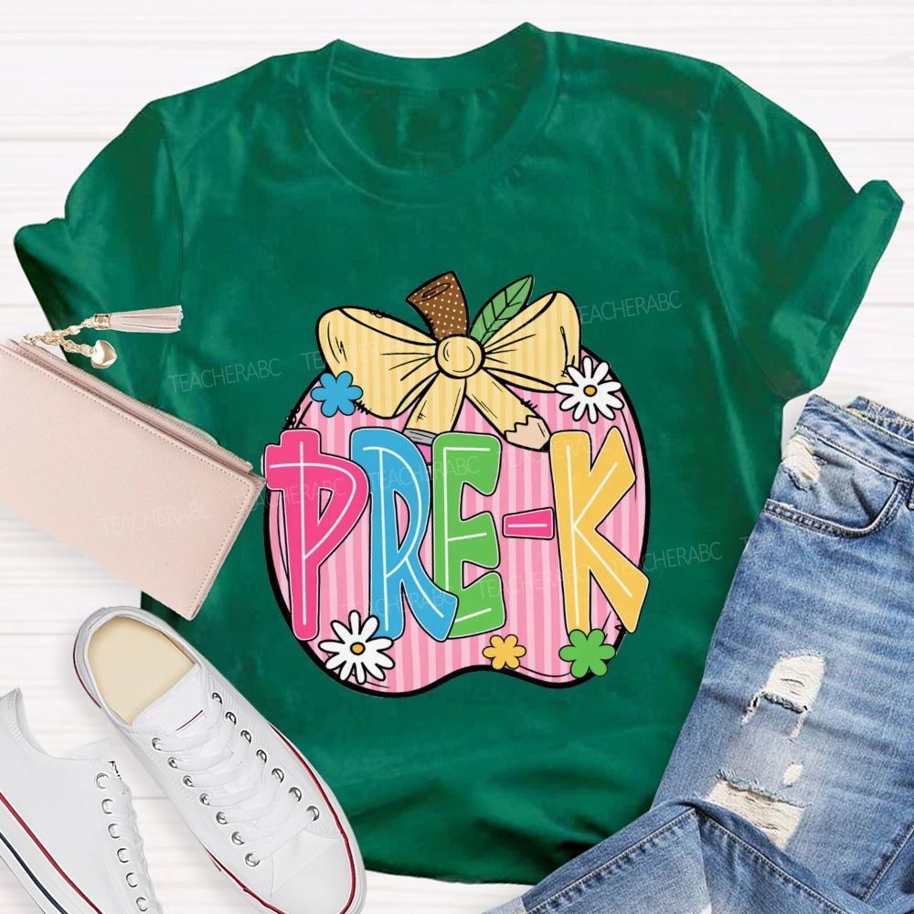 Personalized Grade Pink Stripe Apple Back To School Teacher T-Shirt