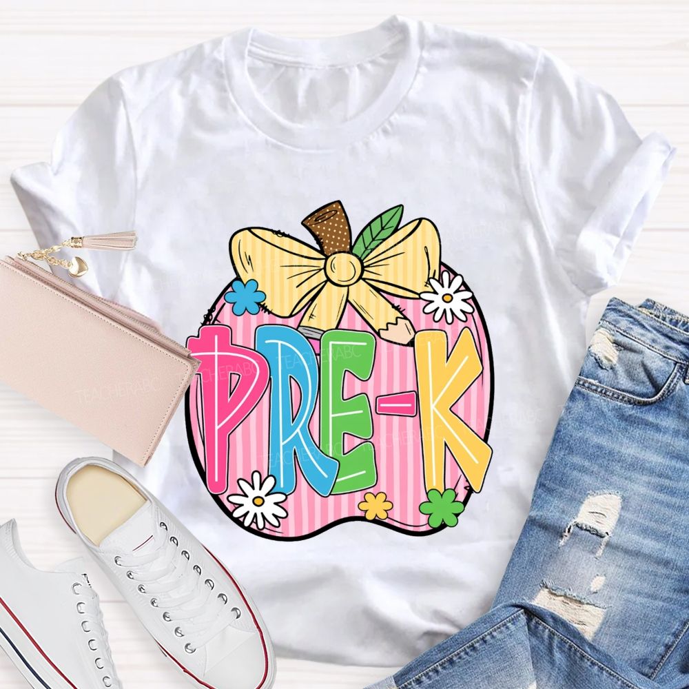 Personalized Grade Pink Stripe Apple Back To School Teacher T-Shirt