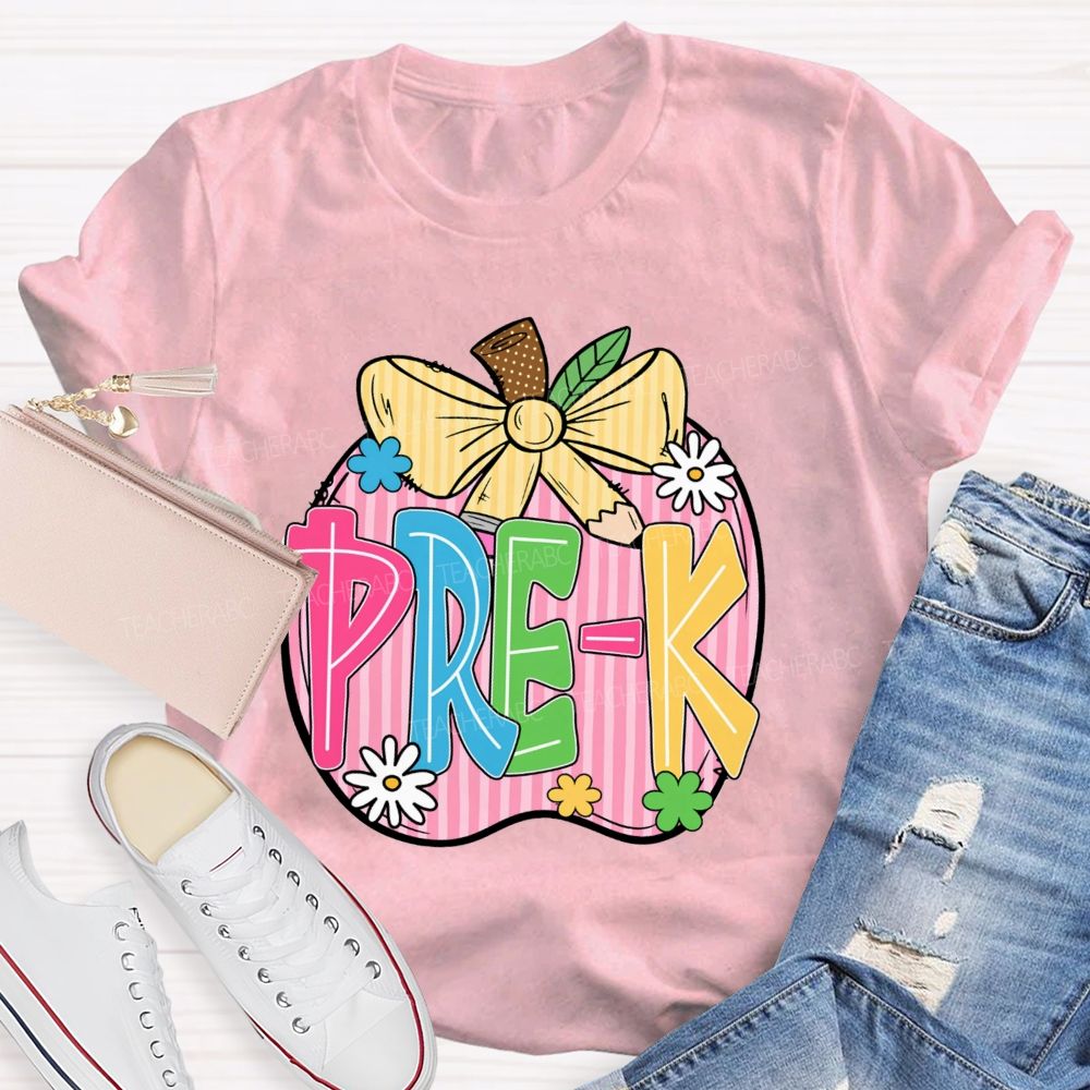 Personalized Grade Pink Stripe Apple Back To School Teacher T-Shirt