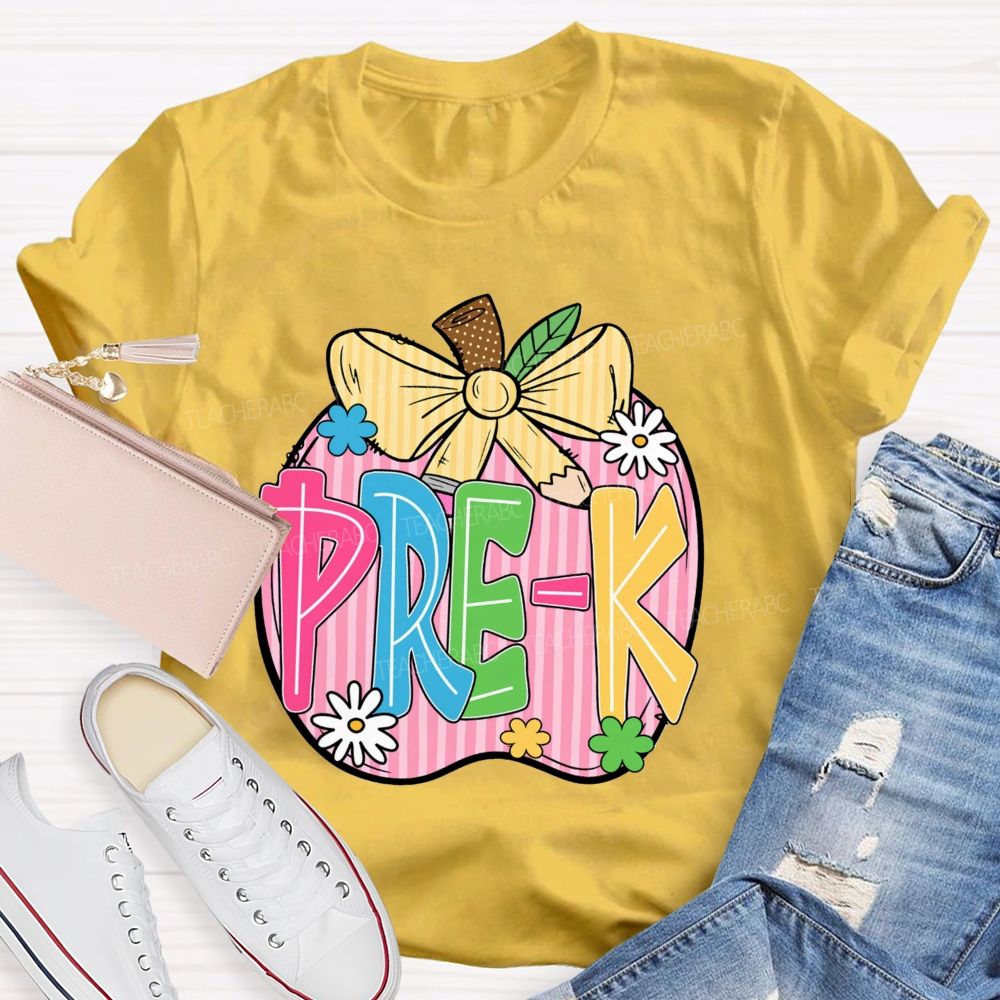 Personalized Grade Pink Stripe Apple Back To School Teacher T-Shirt
