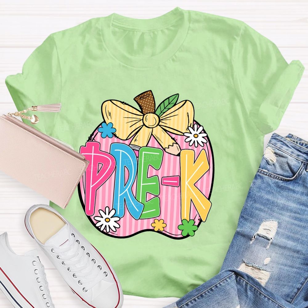 Personalized Grade Pink Stripe Apple Back To School Teacher T-Shirt