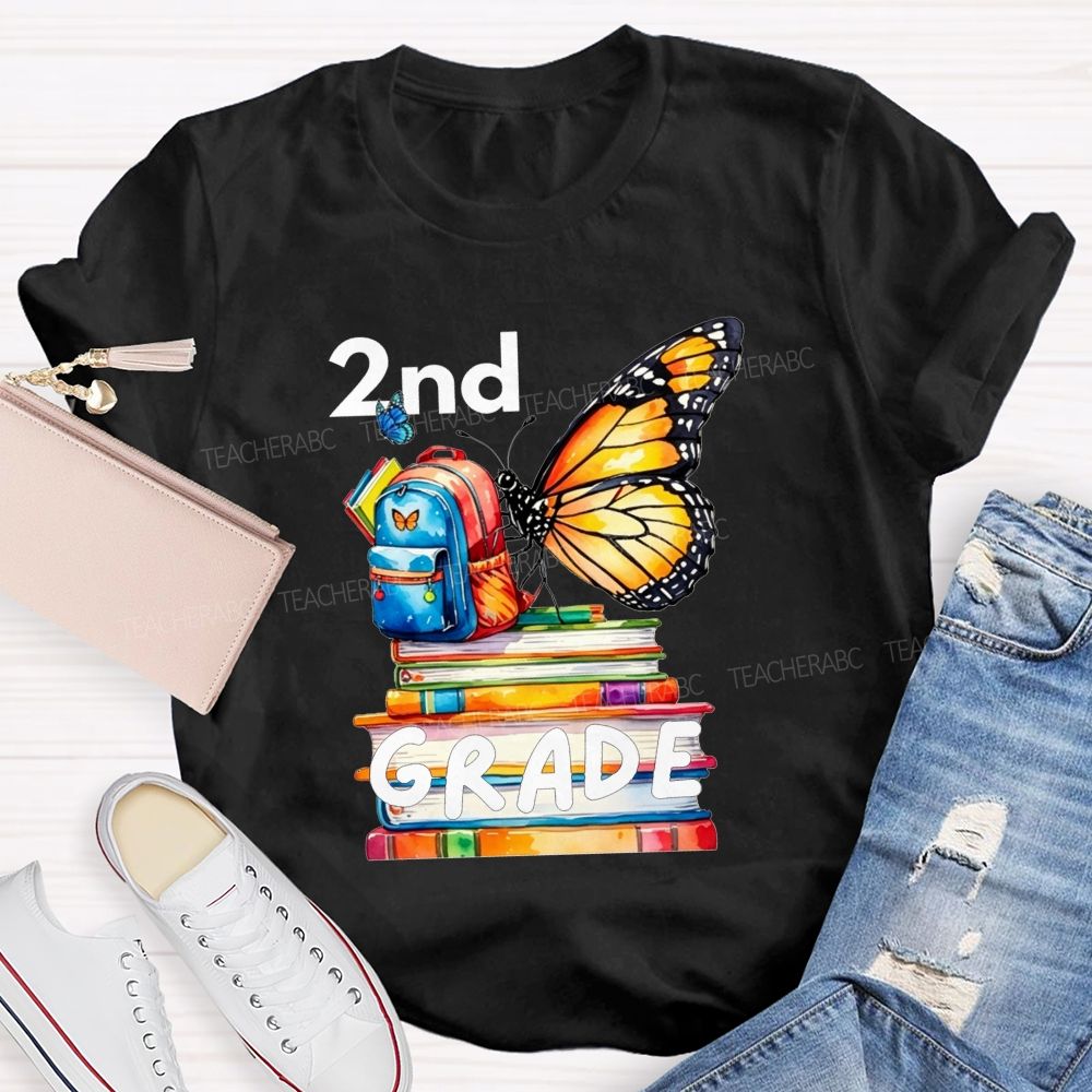 Personalized Grade Growing Into Second Grade Butterfly Vibes Teacher T-shirt